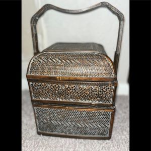 Antique Chinese Wedding Basket 2 Tier Woven Bamboo Wicker